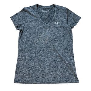 Under Armor Womens Top size Medium Gray T-Shirt Logo Short Sleeve Stretch V-Neck